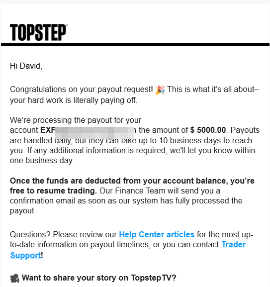 אישור משיכה מחשבון ממומן Topstep